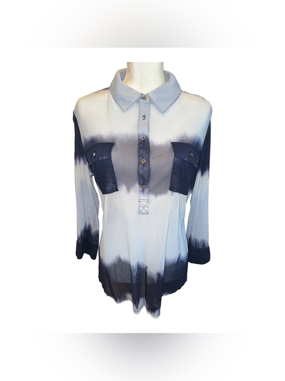 Women’s Button-up Shirt with a Bold Navy and White ombré pattern #65